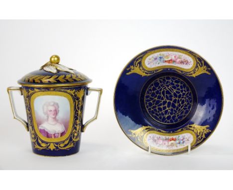 A Sèvres style porcelain chocolate cup, cover and saucer, 19th century, of twin handled-form painted with a portrait Marie An