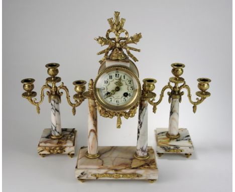 A 19th century French Louis XVI style marble clock garniture with gilt metals mounts, the 3 1/2 inch enamel deal with ring of