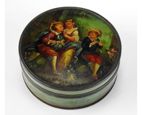 A 19th century French polychrome decorated tortoiseshell decorated table snuff box, of circular lidded form, the lid depictin