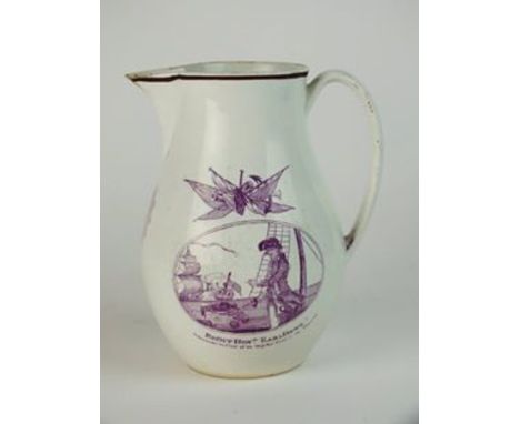 An English commemorative pearlware cider jug, early 19th century, one side transfer-printed in puce with a scene of Lord Howe