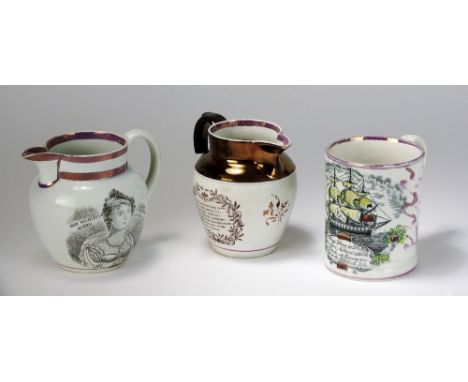 Three lustre British commemoratives to include a 'Queen Caroline' jug, early 19th century, decorated with a portrait bust and