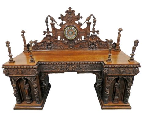 A Victorian oak clock back pedestal sideboard, the 9½ inch dial dated 1846 with a ring of Roman numerals picked out in black 
