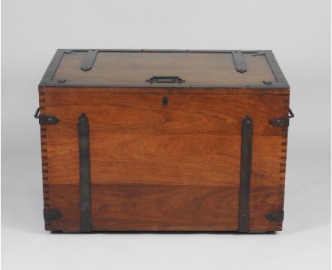 A 20th century teak locking trunk, steel bound and with exposed corner dovetails, 97cm wide, 63.5cm high, 61cm deep