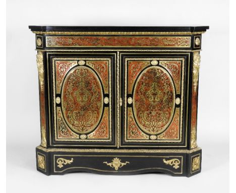 A 19th century Boulle style ebonised side cabinet, the rectangular top with proud cut off corners, over a single panel frieze