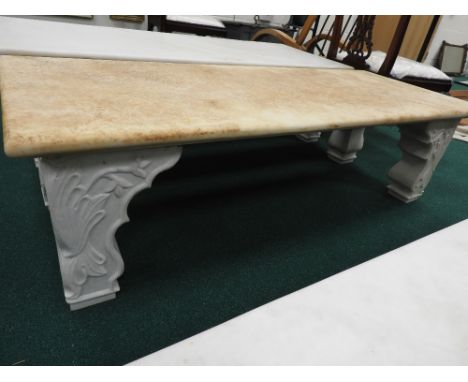 A modern white marble garden bench in the style of the Lady Diana Taj Mahal bench, 151cm long, 42.5cm high, 60.5cm deep

Note