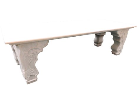 A modern white marble garden bench in the style of the Lady Diana Taj Mahal bench, 151cm long, 42.5cm high, 60.5cm deep

Note