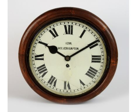 A 19th century oak circular wall timepiece, the 11½ inch enamel dial signed 'Henn, Wolverhampton', within a ring of Roman num