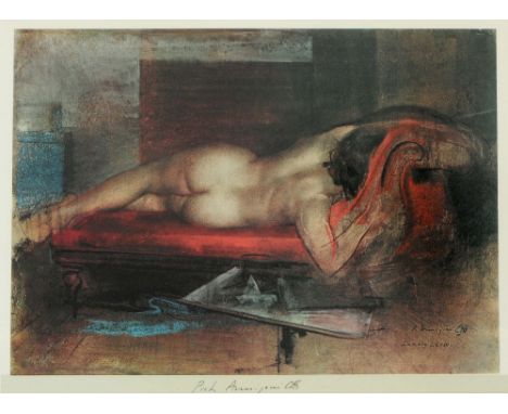 AFTER PIETRO ANNIGONI A nude upon chaise longue, print in colours, 33 x 49cm