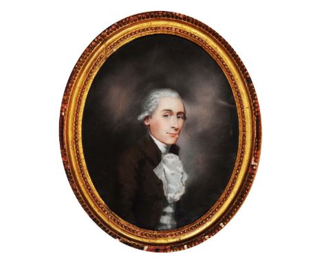 CIRCLE OF JOHN RUSSELL (1745-1806) Portrait of a gentleman wearing grey powdered wig, white cravat and brown jacket, pastels,