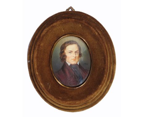 * RUBY Bust length portrait of a gentleman wearing a brown jacket and black stock, signed, 8.5 x 7cm oval