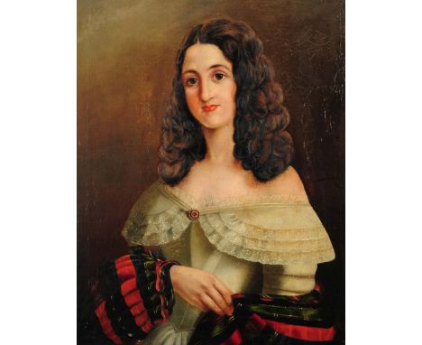 19TH CENTURY SCOTTISH SCHOOL Portrait of a lady with long brown curly hair, wearing dress décollété with ruby and pearl brooc