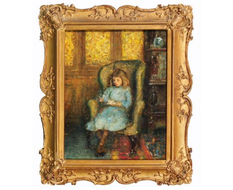 FOLLOWER OF EDOUARD VUILLARD (1868-1940) Portrait of a young girl with cup of tea seated in a wing armchair, oil on board, 28