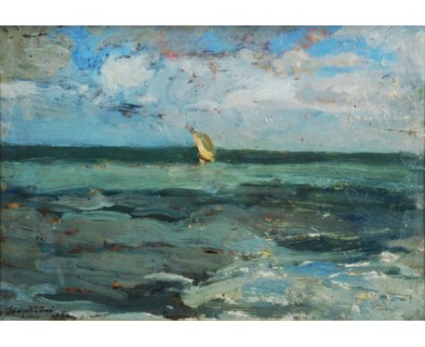 LUIGI MANTOVANI (1880-1957) Seascape with sailing vessel, signed, dated 1920 and inscribed 'S Remo', oil on panel, 19 x 30cm