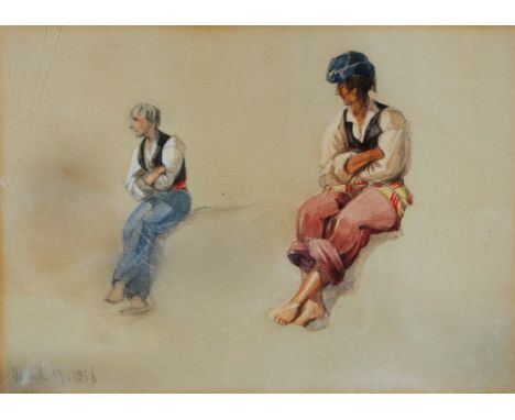 CALVERT R. JONES (c.1804-1877) Two men with folded arms, dated April 17, 1856, pencil and watercolour with a ship study verso