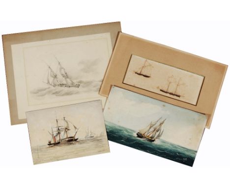 R * M * A twin masted sailing vessel at sea, signed with initials, watercolour, 12 x 22cm; and three further marine studies, 