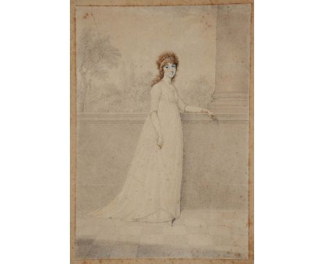 CIRCLE OF HENRY EDRIDGE (1768-1821) Full length portrait of a lady standing on a tiled surface by a column with landscape bey