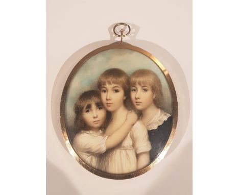 ENGLISH SCHOOL (EARLY 19TH CENTURY) A portrait of three young girls, watercolour on ivory, oval, the reverse with hairwork on