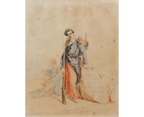19TH CENTURY ITALIAN SCHOOL Full length portrait of a soldier standing by a rock inscribed 'Montebello, Palestro, Magenta, Me