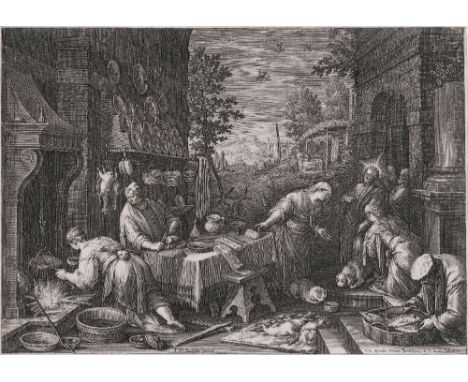 Jan Sadeler, Jacopo Bassano - Christ In The House Of Martha And Mary  /  Description:  Christ is a guest in the house of the 