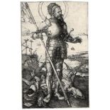 Albrecht Dürer, Saint George standing beside the slain dragon.