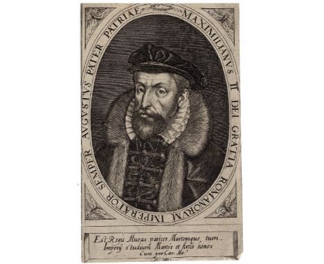 Portrait of emperor Maximilian II , Eduard van Hoeswinckel  /  Description:  Portrait of emperor Maximilian II, published in 