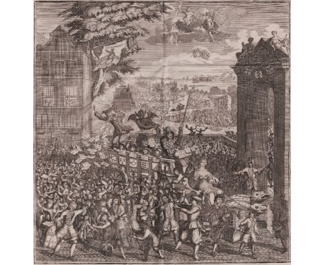 Satirical print: The Fair of the Stock Dealers - 1720  /  Description:  De Kermis-Kraam van de Actie-Knaapen... (The Fair of 