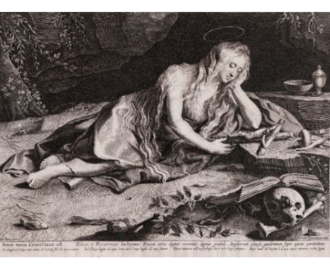 Lucas Vorsterman (1595-1675) - Penitent Mary Magdalene  /  Description:  Saint Mary Magdalene in a cave. She lies on the floo