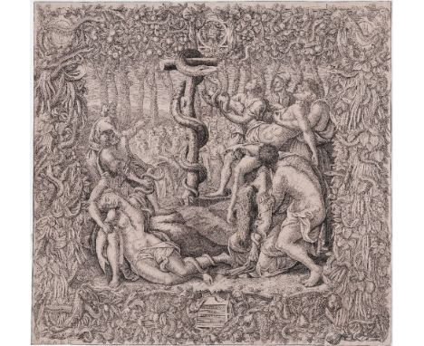 Raphael's  Raising of  Brazen Serpent, by Caietanus le Poer   /  Description:   A spectacular rare and large engraving  showi