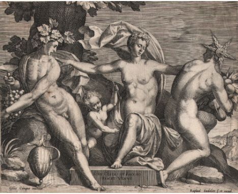 Gilles Coignet by Sadeler - Sine Cerere et Baccho friget Venvs.  /  Description:  Venus, Bacchus and Ceres. Venus seated at t