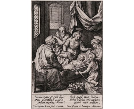 Hieronymus Wierix (1553-1619) - The Holy Kinship with infant in a cradle  /  Description:  In a contemporary interior, the Ho