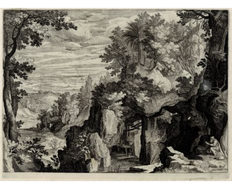 Aegidius Sadeler, Paul  Bril - Landscape inspired by Brueghel  /  Description:  Mountain landscape with a hermit seated on th