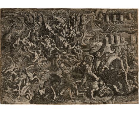 Giovanni Battista Scultori - Greek Trojan battle  /  Description:  The Trojans repulsing the Greeks as far as their ships; a 