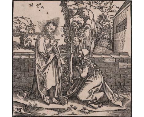 Albrecht Dürer, Hans Schäufelein, - Christ appearing to St Mary Magdalene  /  Description:  In the foreground of this woodcut