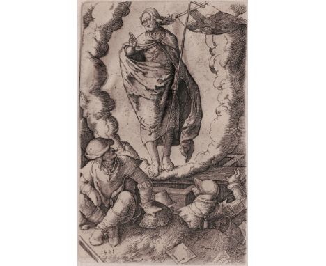 Lucas van Leyden (1494-1533) - The Resurrection  /  Description:  Original engraving made by Lucas van Leyden with the publis