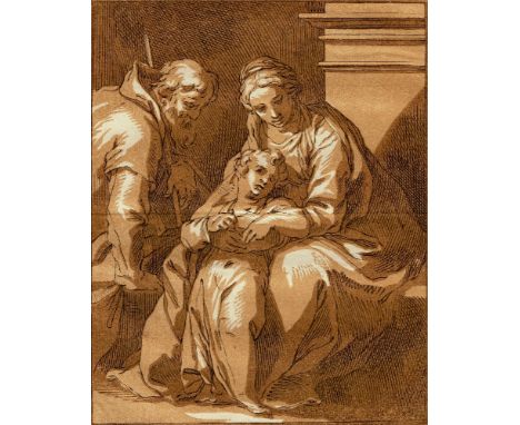  Bloemaert  Chiaroscuro - The Holy Family  /  Description:  The Holy Family before a Fireplace. The Virgin seated at right, C