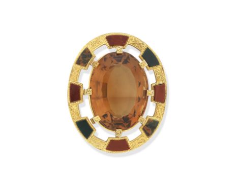 A Scottish citrine and hardstone broochWith central claw set oval-cut citrine, measuring approximately 28 x 21 x 12mm, within