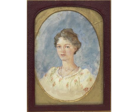 Phoebe Anna Traquair HRSA (1852-1936)Portrait of a young woman, in a floral dress (possibly Hilda) signed with initials and d