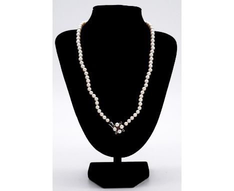 A 20 inch graduated and knotted cultured pearl necklace. The necklace is strung with seventy six round cultured pearls, the l