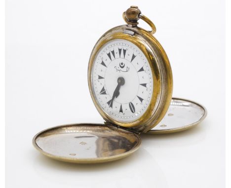 A Georgian silver gilt full hunter pocket watch, white enamel dial with Arabic lettering and arrows for the numbers. Hallmark