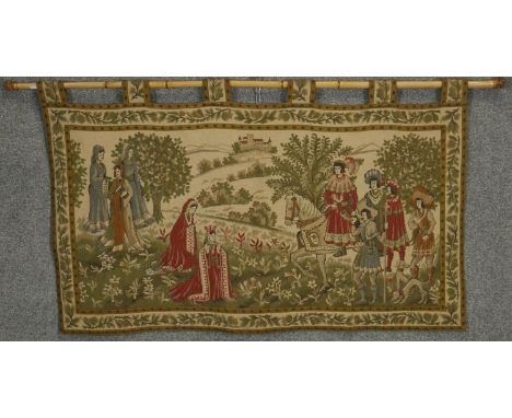 A scenic view on a fine tapestry with hanging bamboo pole. H.70 W.114cm 