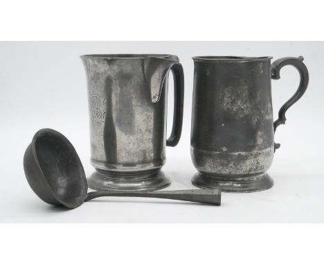 A collection of 19th century pewter. Including two pewter measures one with a spout, stamped QUART and makers stamp, a James 