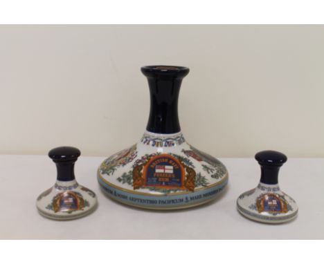 British Navy Pusser's Rum in ceramic ships decanter, one litre, also a pair of cruets in the form of a miniature decanters. (
