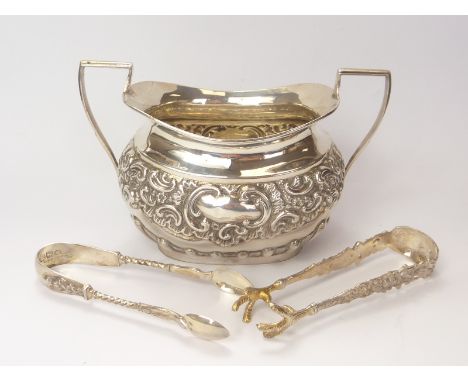Silver oval sugar basin and tongs, Chester, 1898, and another. (3)   Condition Report.  6oz