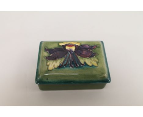 Moorcroft Pottery "Columbine" pattern rectangular trinket box, impressed marks, 12cm.