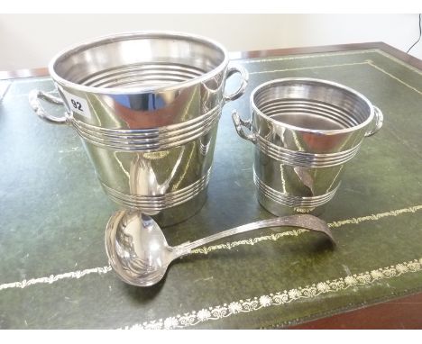E.p. ice pail with loop handles, another, and a soup ladle.