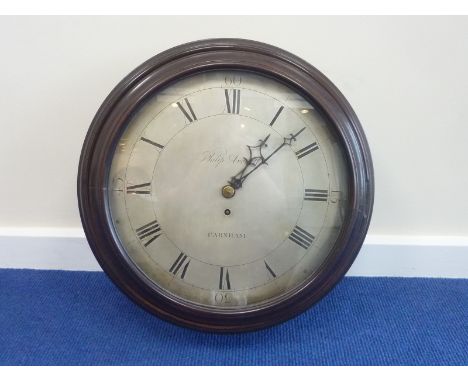 Wall clock with silvered dial signed Philip Avenell, Farnham, with pierced steel hands and mahogany turned wood bezel and sur
