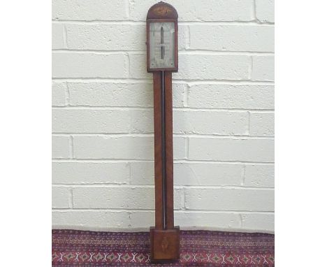 Early 19th century Bowley of Salop, stick barometer, illustrated dial, inset shell and banded mahogany case.