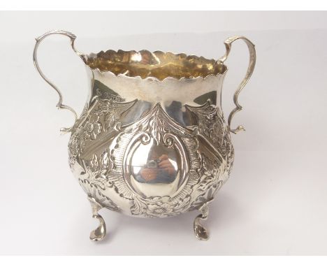 Silver embossed sugar basin of almost globular shape, Chester, 1899.   Condition Report.  6.5oz