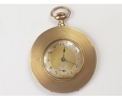 9ct gold keyless dress watch in engine turned open face case, 1913.   Condition Report.  It is fully wound and over banked, n