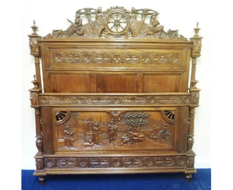 Impressive French oak bed head and footer, all over carved detail in the Flemish manner, depicting recreational scenes, open 